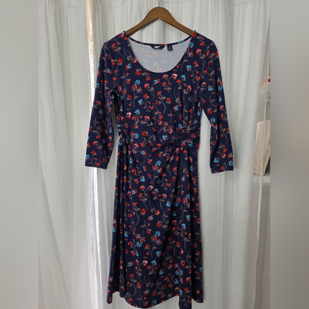 ​Lands' End Navy Floral Faux-Wrap Dress - Small 6-8 3/4 Sleeve Knit